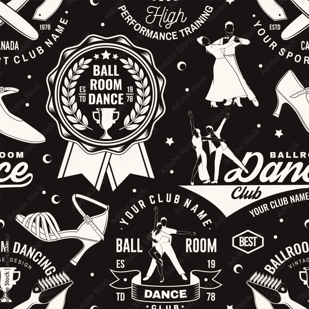 Fototapeta premium Set of Ballroom dance sport club seamless pattern. Concept for dancer sport pattern background or wallpaper. Dance sport sticker with shoes for ballroom dancing, man and woman silhouette. Vector.