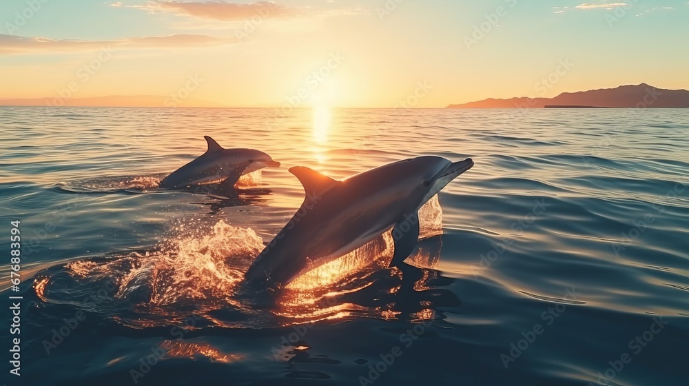Fototapeta premium A playful dolphin happily swims in the ocean