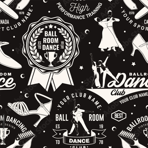 Set of Ballroom dance sport club seamless pattern. Concept for dancer sport pattern background or wallpaper. Dance sport sticker with shoes for ballroom dancing, man and woman silhouette. Vector.