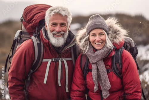 Adventurous Elderly Couple Embarks on a Joyful Trekking Expedition in the Majestic Mountains  AI generated