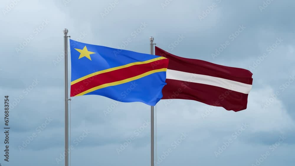 Latvia and Democratic Republic of the Congo flag waving together on cloudy sky, endless seamless loop, two country cooperation concept Latvia and Democratic Republic of the Congo flag waving together on cloudy sky, endless seamless loop, two country cooperation concept