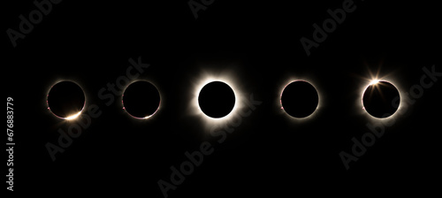 nightscape, night full of stars, panorama of the hybrid solar eclipse, Exmouth, Australia, 20.04.2023, diamond ring  and full solar eclipse with visible corona photo