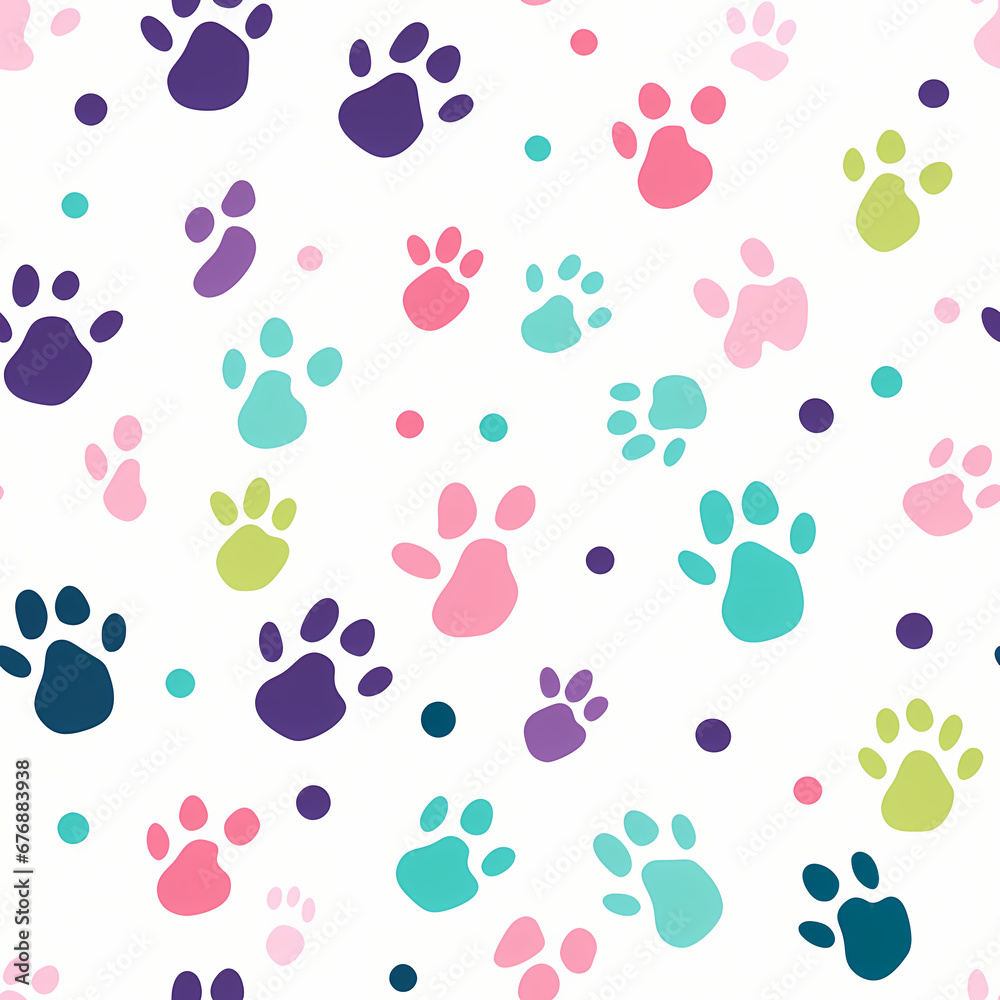 Seamless pattern with Cute Cat paw footprint in doodle style