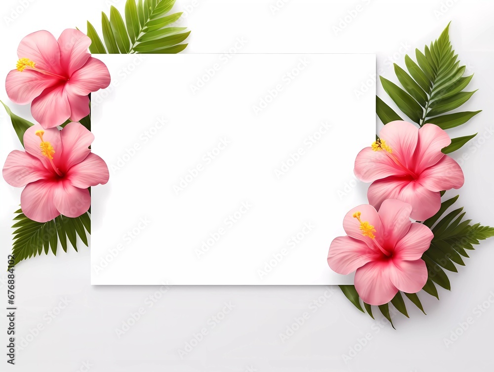 Frame mockup with tropical flowers on a white background. Banner or gift card with flowering frame Frame mockup with tropical flowers on a white background. Banner or gift card with flowering frame