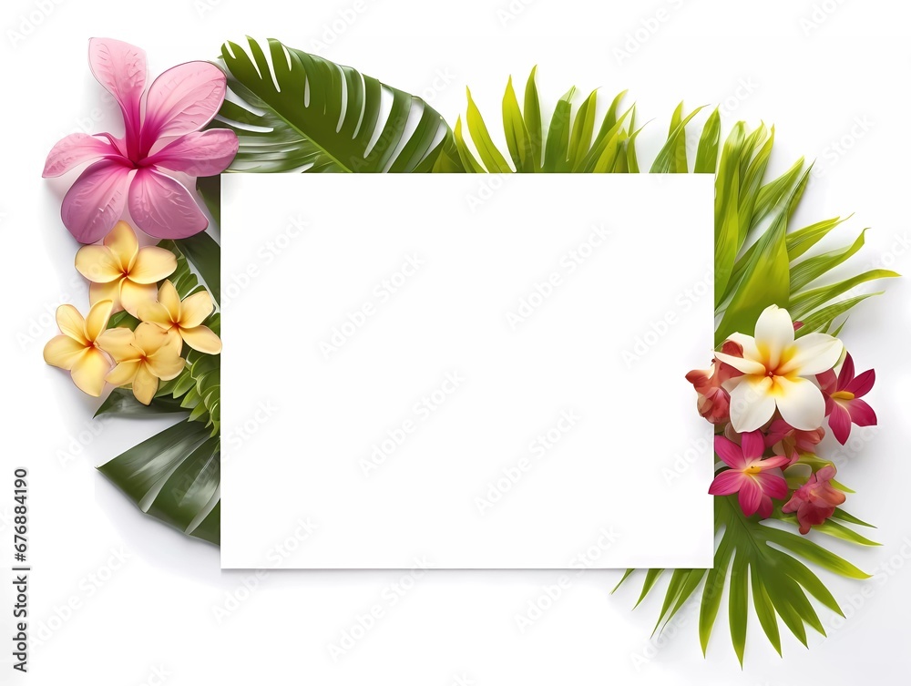 Obraz premium Frame mockup with tropical flowers on a white background. Banner or gift card with flowering frame
