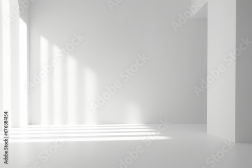 Abstract white 3d studio background for product presentation. Empty gray room with shadows of window. Display product with blurred backdrop, Generative AI