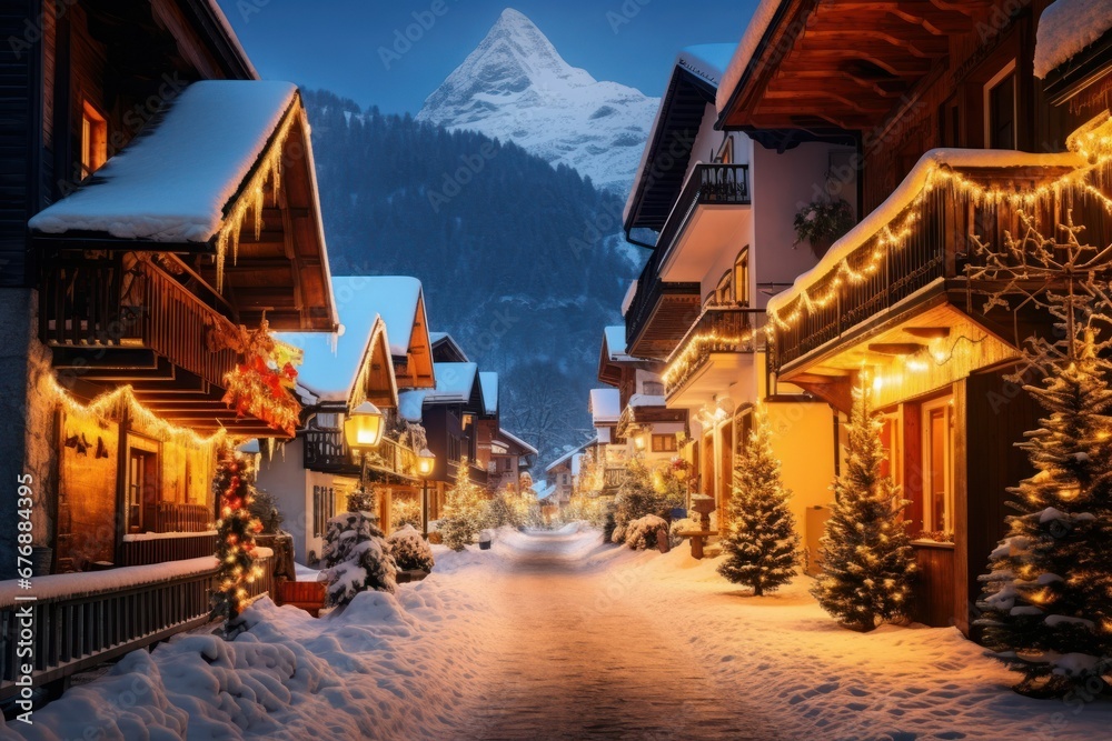 Christmas backdrop with snow-covered alpine village. Serene mountains valley.