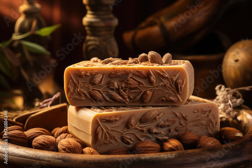 Beautiful natural nutmeg soap bar on dark background. Handmade organic soap
