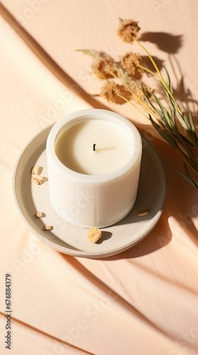Handmade candle from paraffin and soy wax with wooden wick and dry herbal isolated on pastel beige background. Flat lay, top view, copy space, Generative AI