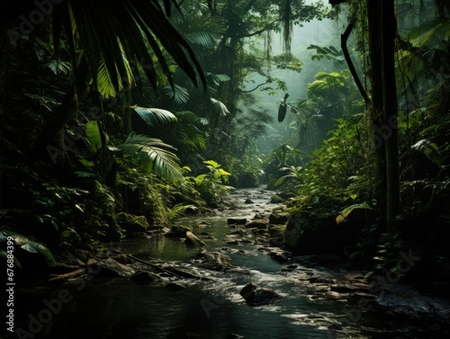 Deep jungle of mossy tropical forest in Southeast Asia Landscape