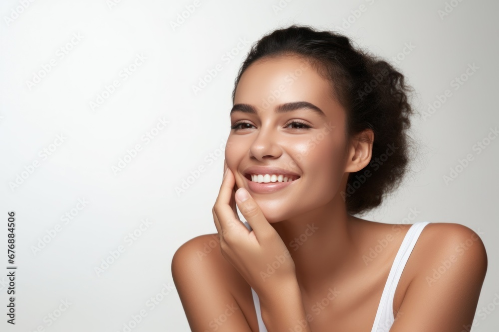 Beautiful smiling young woman with soft glow skin and bare shoulders. Beautiful smiling young woman with soft glow skin and bare shoulders.