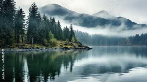 Foggy Lake Mountain Background during summer © JuJamal