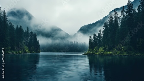 Foggy Lake Mountain Background during summer
