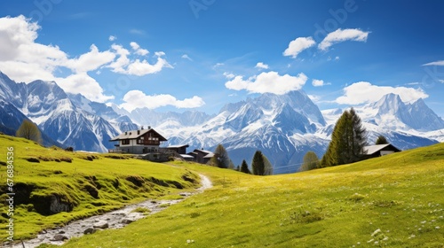 Idyllic Mountain Panorama in the snow capped mountain with blooming spring flower