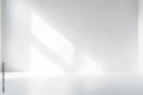 Abstract white studio background for product presentation. Empty room with shadows of window and flowers and palm leaves . 3d room with copy space. Summer concert. Blurred, Generative AI