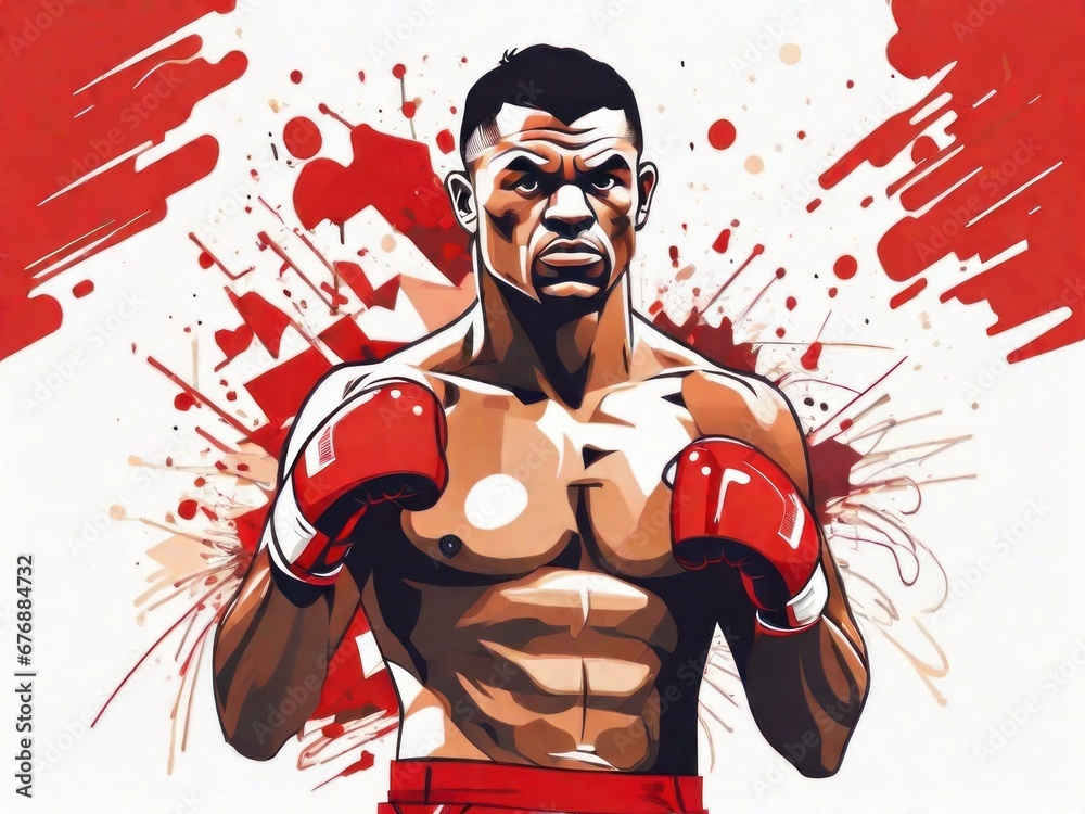 A sticker of a boxer on a T-shirt with the logo of a sports champion. Cartoon - Beautiful and rounded design for stickers and badges. 2d red