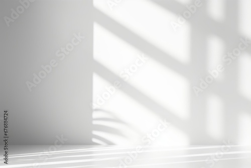 Abstract white studio background for product presentation. Empty room with shadows of window. Display product with blurred backdrop, Generative AI © Visual Wonders