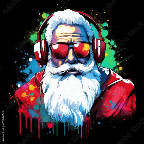 Cool Santa Claus with sunglasses listening music in headphones. Hip 1980s graffiti art.