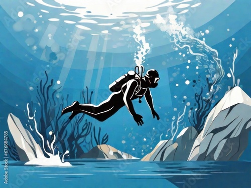 2d diving in the ocean. Commercial divers, cartoon illustration