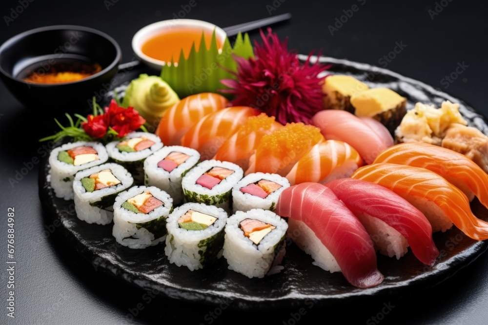 Black plate with sushi and vegetables on black background Black plate with sushi and vegetables on black background