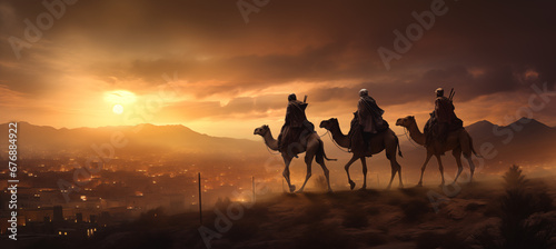 Fotografia Reyes magos viajando por el desierto, llegando a Belén