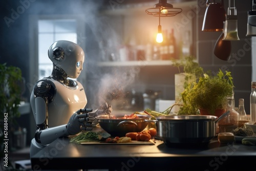 Home robot in the kitchen, cooking, modern kitchen photo