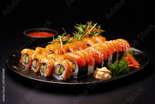 Black plate with sushi and vegetables on black background