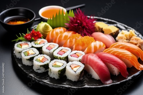 Black plate with sushi and vegetables on black background