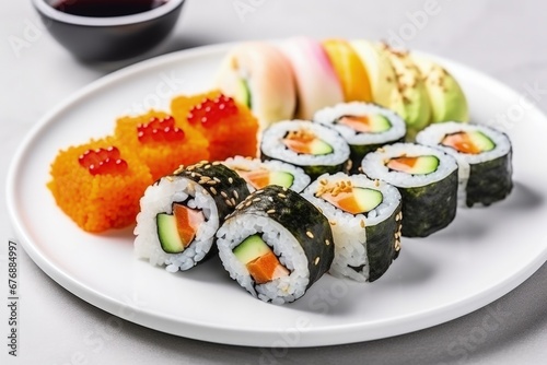 White plate with sushi and vegetables, light background