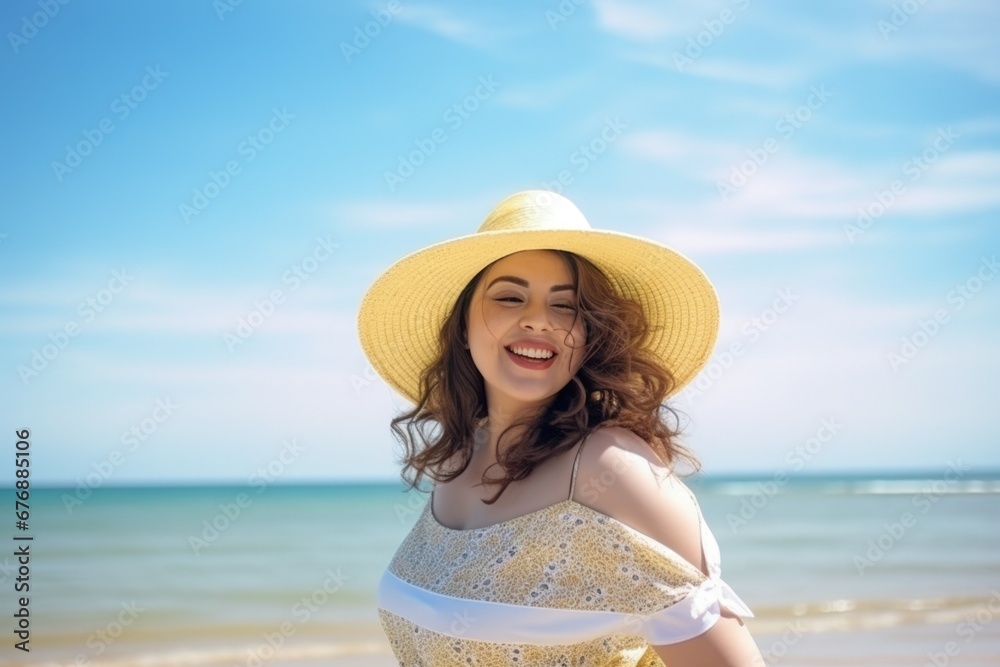 Curvy woman enjoying on the beach in the sun