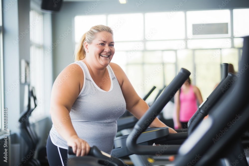 Curvy woman in the gym, looking happy Curvy woman in the gym, looking happy