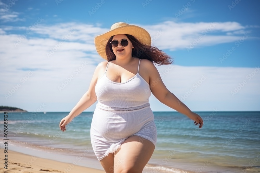 custom made wallpaper toronto digitalCurvy woman with a hat enjoying on the beach in the sun, with happiness