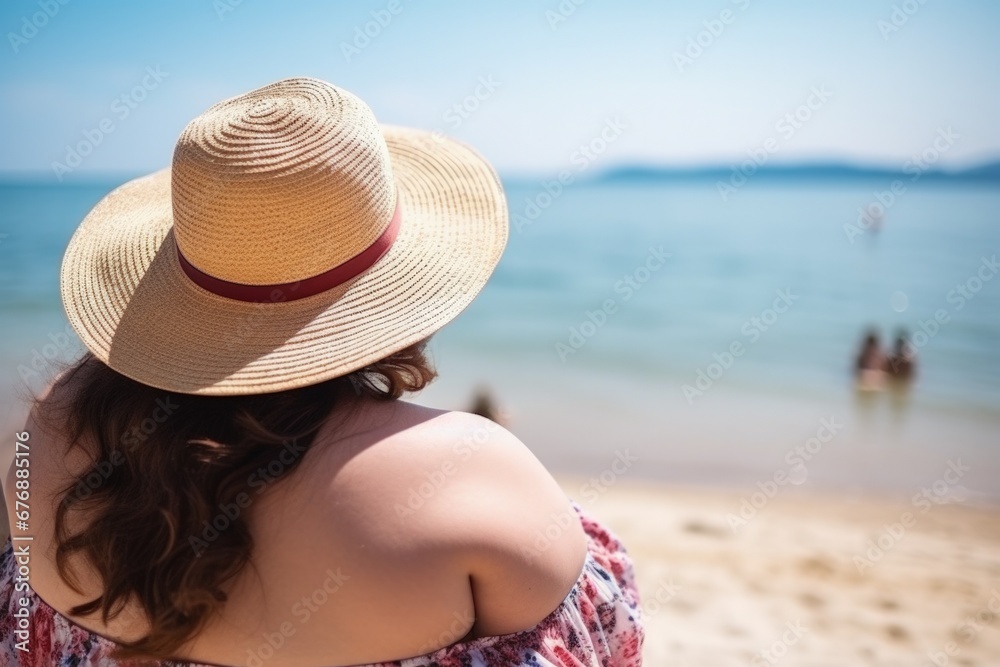 Curvy woman with a hat enjoying on the beach in the sun, with happiness