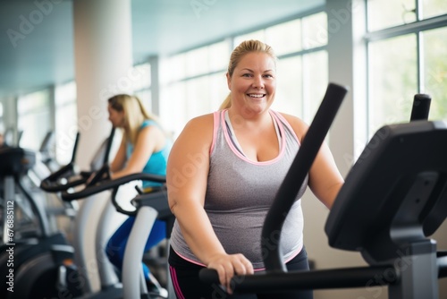 Curvy woman in the gym, looking happy