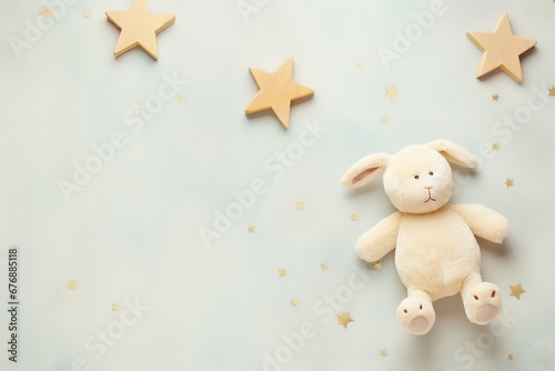 Toy lamb and wooden stars on pastel background. Motherhood concept. Top view, flat lay composition. Copy space for text, Generative AI
