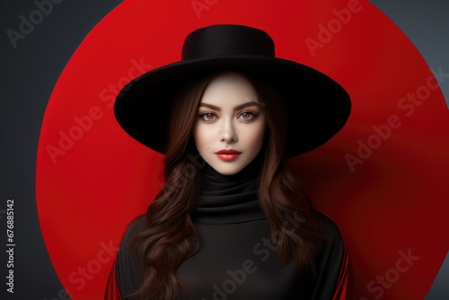 Female fashion model in black hat