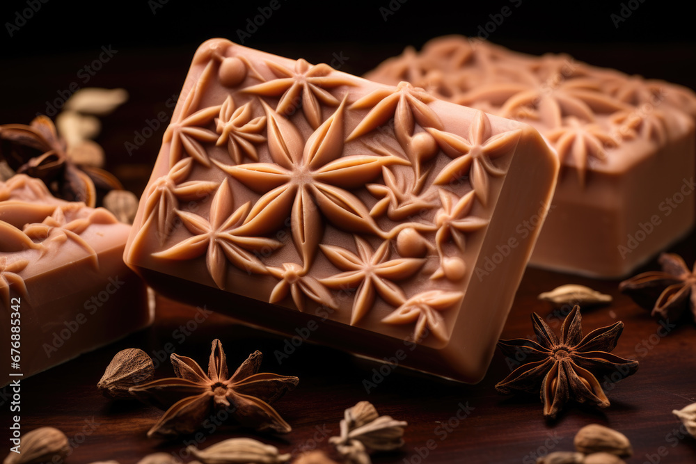 Beautiful natural star anise soap bar on dark background. Handmade organic soap Beautiful natural star anise soap bar on dark background. Handmade organic soap
