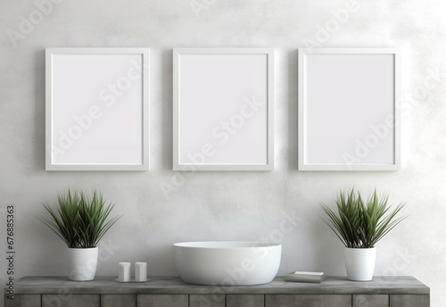 three square picture frame, white frame, above bathroom shelf. blank picture in the frame. mockup. © نيلو ڤر