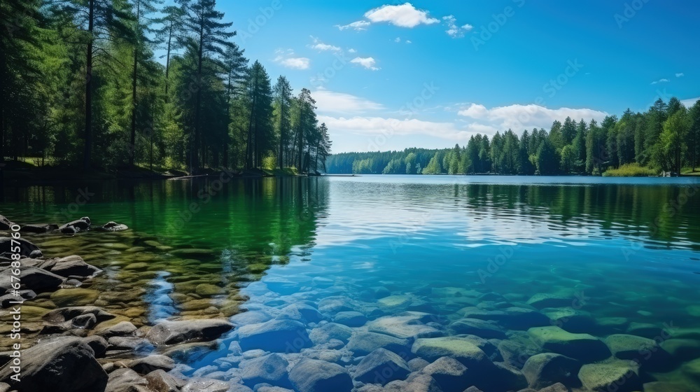Panoramic view of forest with calm and clear lake Panoramic view of forest with calm and clear lake