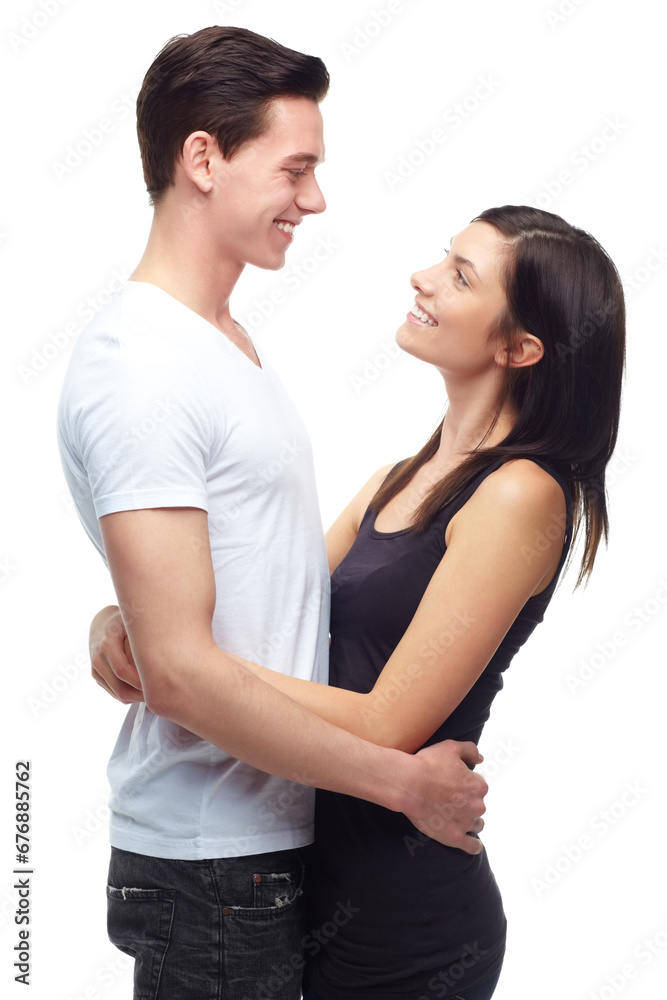 Woman, man and hug for love in studio, laughter as gen z with care and commitment in mockup space. Young couple, happy and smile for marriage, embrace and relationship bonding by white background Woman, man and hug for love in studio, laughter as gen z with care and commitment in mockup space. Young couple, happy and smile for marriage, embrace and relationship bonding by white background