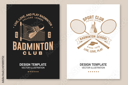 Set of badminton sport vintage flyer, poster design. Vector. Editable template with badminton racket, net cord and shuttlecock silhouettes. Badminton tournament posters for sports competition.