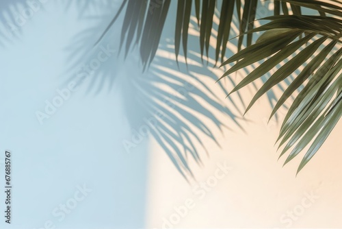 Palm leaves shadow on blue wall background and beige pastel floor. Summer tropical beach background. Empty room for product presentation. Minimal  Generative AI