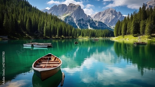 Panoramic photo of boats on the lake with mountain view sunlight