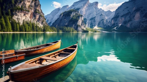 Panoramic photo of boats on the lake with mountain view sunlight © JuJamal