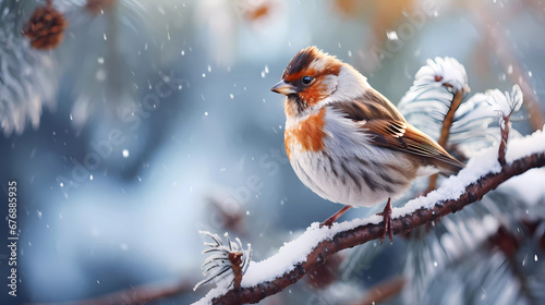 a bird perched on a branch of a pine tree covered in snow and pine needles with pine needles and needles © junaid