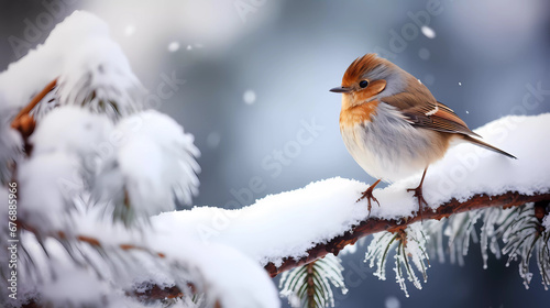 a bird perched on a pine branch in the snow with pine needles in the foreground and a blurry background