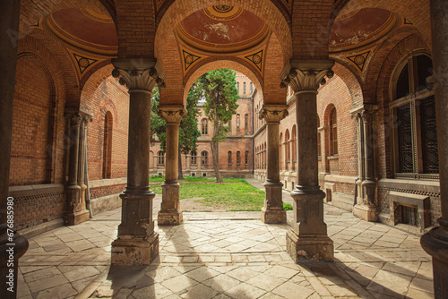 Chernivtsi National University. Seminary wing of ex Residence of Bukovinian and Dalmatian Metropolitans. Byzantine and Moorish architecture. Postcard style. Outdoor shot