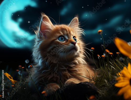 Orange kitten on a green field, in the style of futuristic spacescapes Generated AI