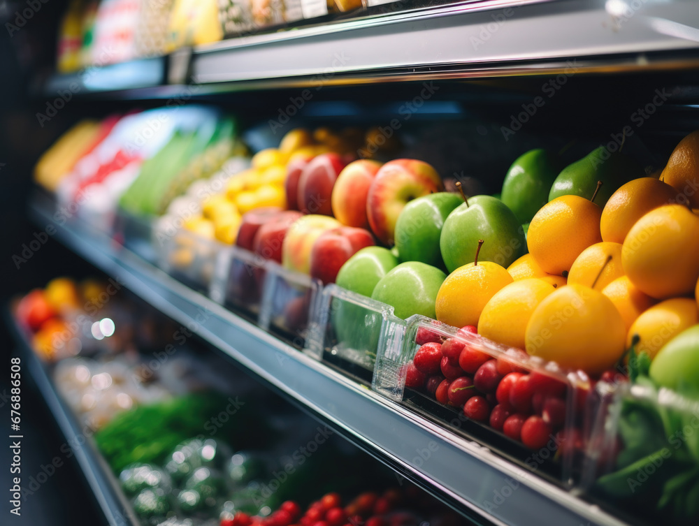 Fresh fruits and vegetables on supermarket shelves.