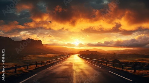 Sunrise above road panoramic view